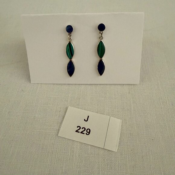 Lapis Lazuli and Malachite Drop Earrings Silver Tone Pierced - Picture 8 of 8